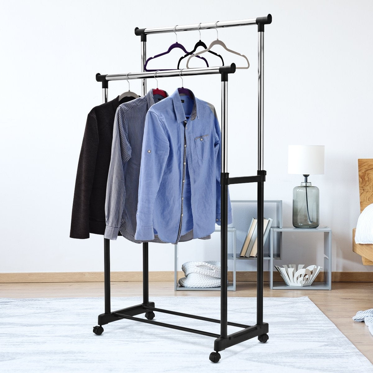 Clothes rack, height-adjustable coat rack, rolling coat rack with wheels, black, 86 x 43 x 94-168 cm