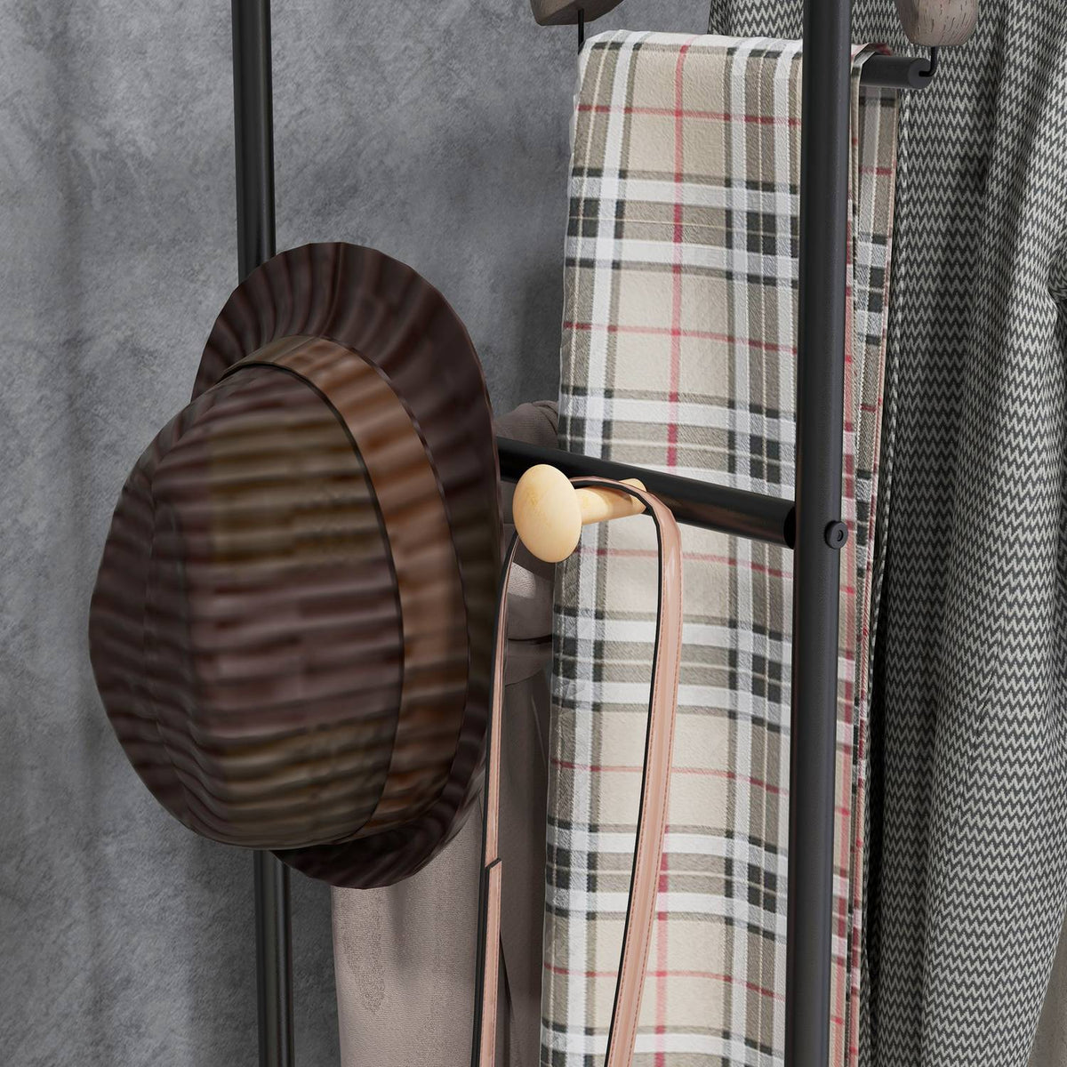 Clothes rack with 2 clothes rails and shelf, jacket rack with hooks for bedroom, hallway, bamboo, black