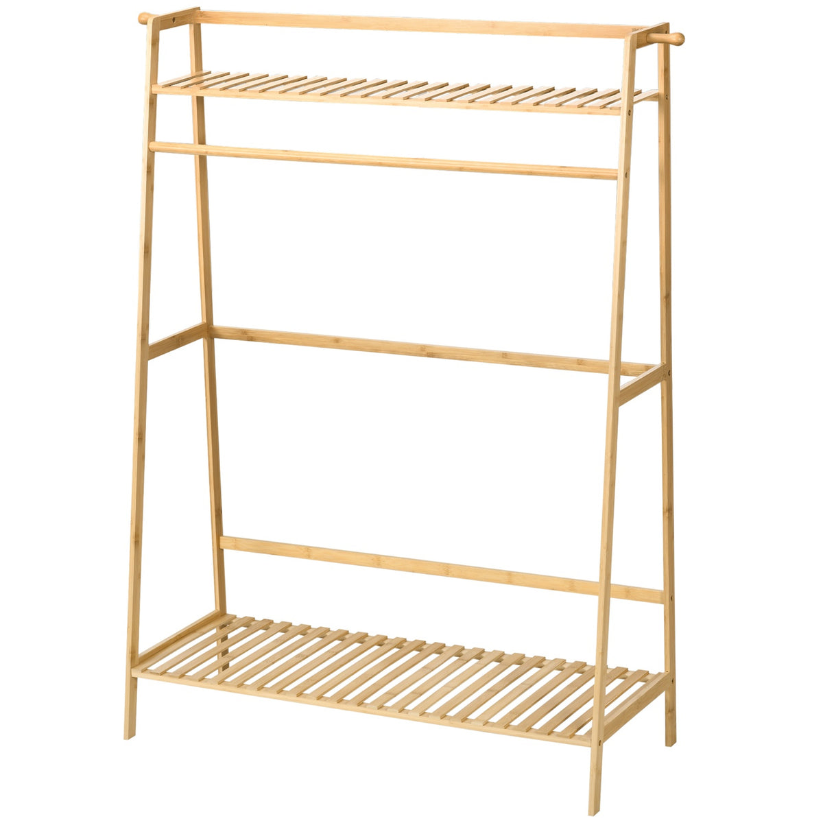Clothes rack with 2 shelves, 2 hooks and 1 clothes rail made of bamboo - dimensions 114L x 40W x 139H cm natural wood