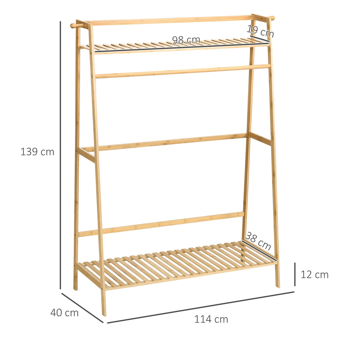Clothes rack with 2 shelves, 2 hooks and 1 clothes rail made of bamboo - dimensions 114L x 40W x 139H cm natural wood