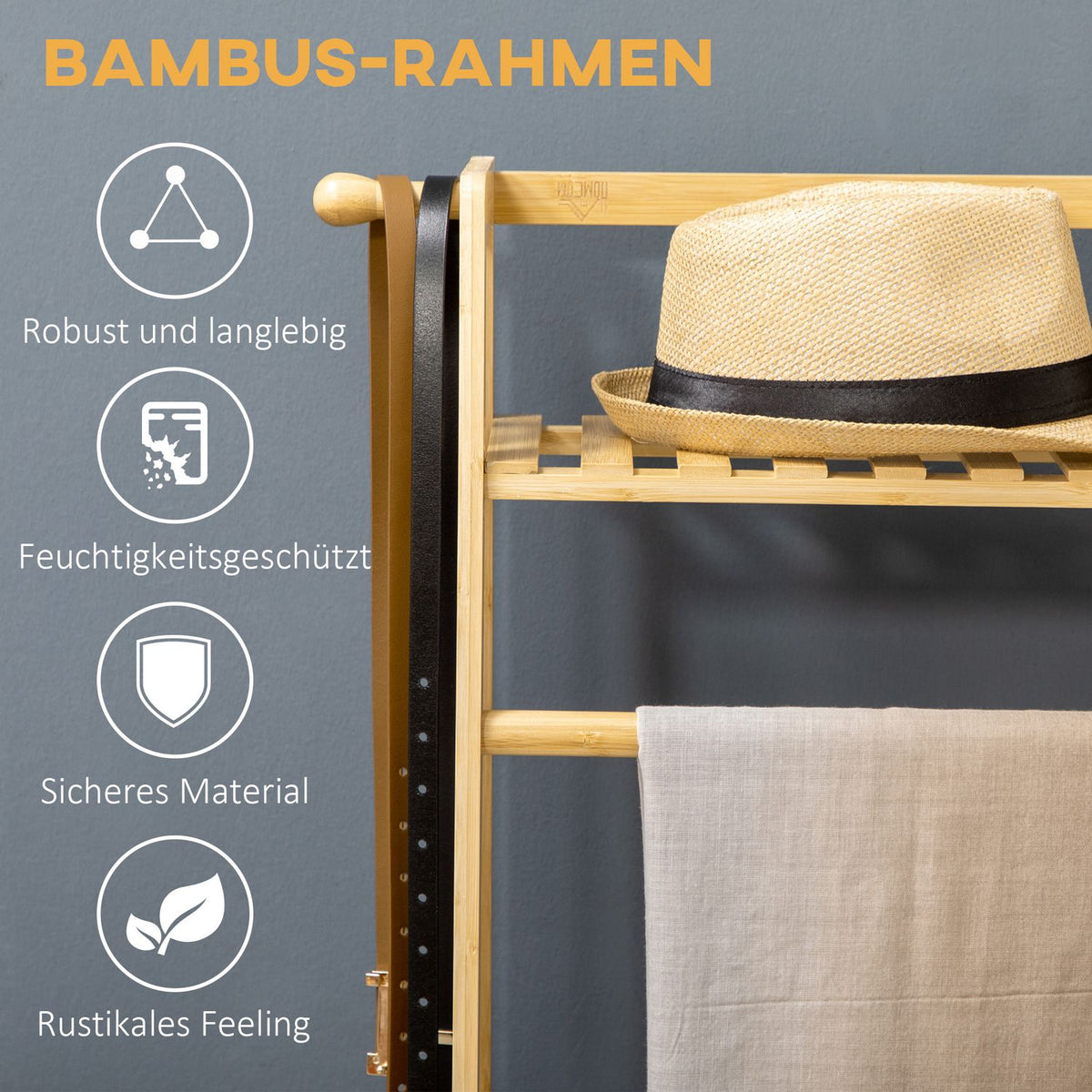 Clothes rack with 2 shelves, 2 hooks and 1 clothes rail made of bamboo - dimensions 114L x 40W x 139H cm natural wood