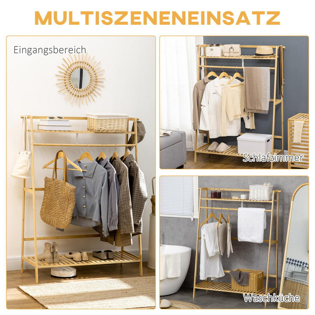 Clothes rack with 2 shelves, 2 hooks and 1 clothes rail made of bamboo - dimensions 114L x 40W x 139H cm natural wood