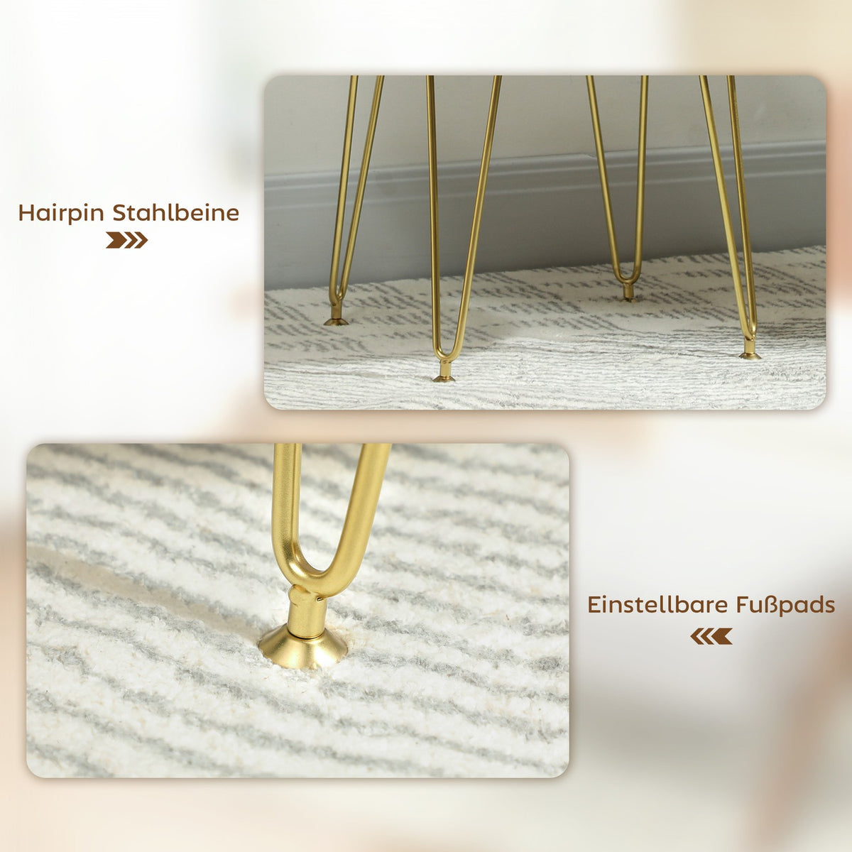 Clover-Shaped Ottoman, Velvet Upholstery, Cream, Steel Legs