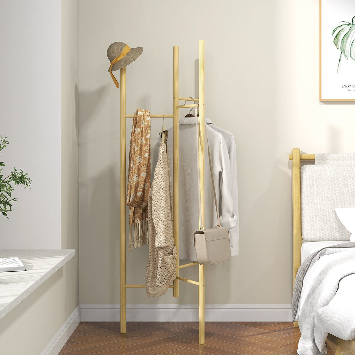 Coat Rack, Clothes Rack With 6 Hanging Rods, Solid Wood, Nordic Style Coat Rack For Clothes, Hats, Hallway, Entrance, Natural