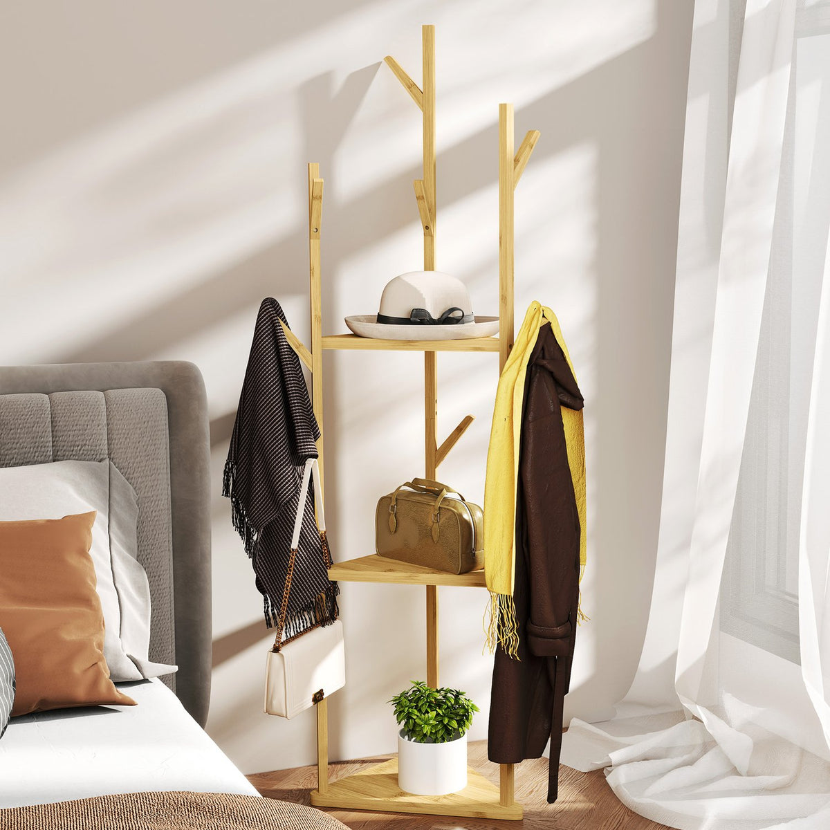 Coat Rack, Clothes Rack with 8 Hooks, 3 Levels, Jacker Stand for Hats, Clothes, Entrance, Hallway, 45 x 45 x 170 cm, Bamboo, Natural |