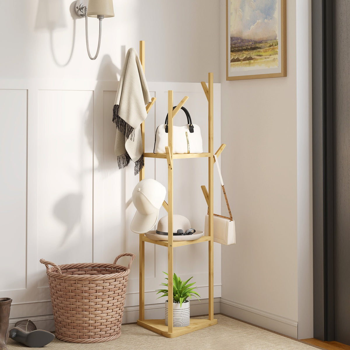 Coat Rack, Clothes Rack with 8 Hooks, 3 Levels, Jacker Stand for Hats, Clothes, Entrance, Hallway, 45 x 45 x 170 cm, Bamboo, Natural |