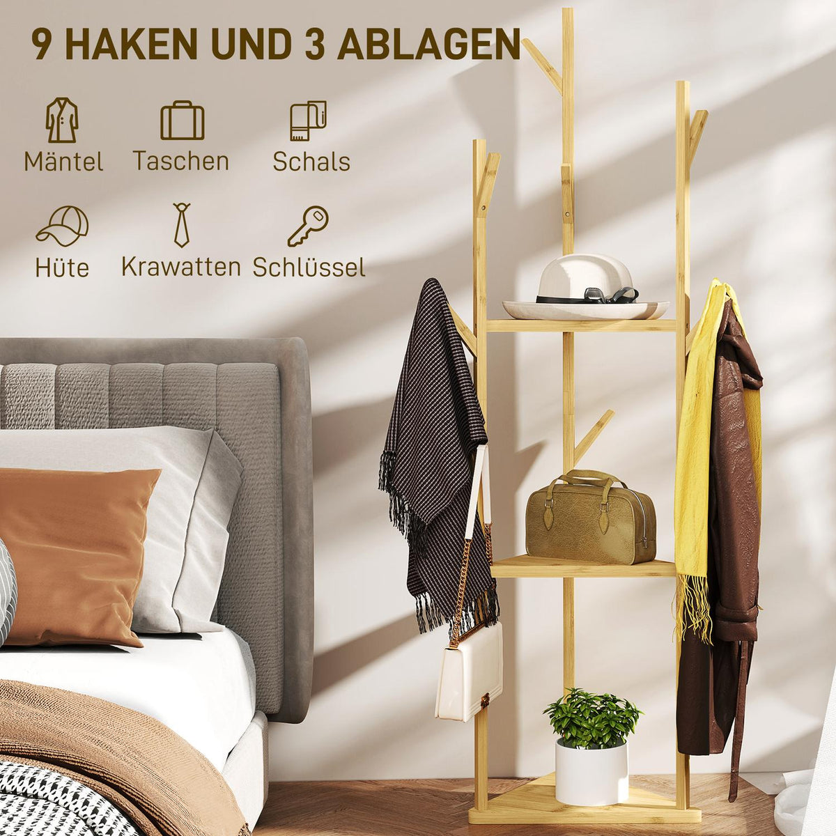 Coat Rack, Clothes Rack with 8 Hooks, 3 Levels, Jacker Stand for Hats, Clothes, Entrance, Hallway, 45 x 45 x 170 cm, Bamboo, Natural |