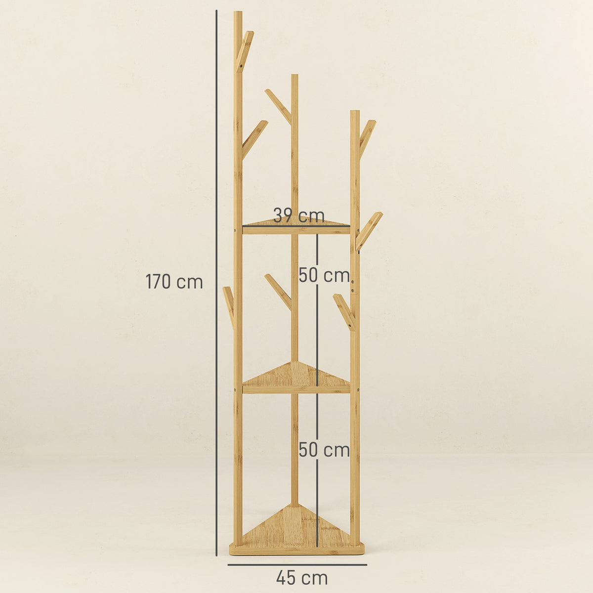 Coat Rack, Clothes Rack with 8 Hooks, 3 Levels, Jacker Stand for Hats, Clothes, Entrance, Hallway, 45 x 45 x 170 cm, Bamboo, Natural |