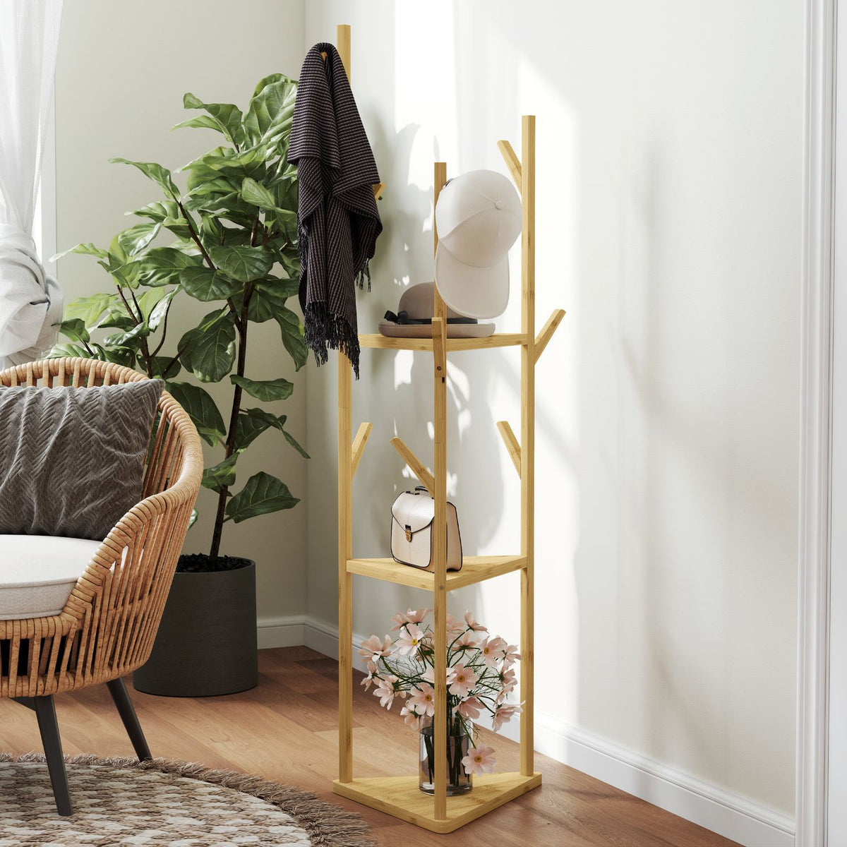 Coat Rack, Clothes Rack with 8 Hooks, 3 Levels, Jacker Stand for Hats, Clothes, Entrance, Hallway, 45 x 45 x 170 cm, Bamboo, Natural |