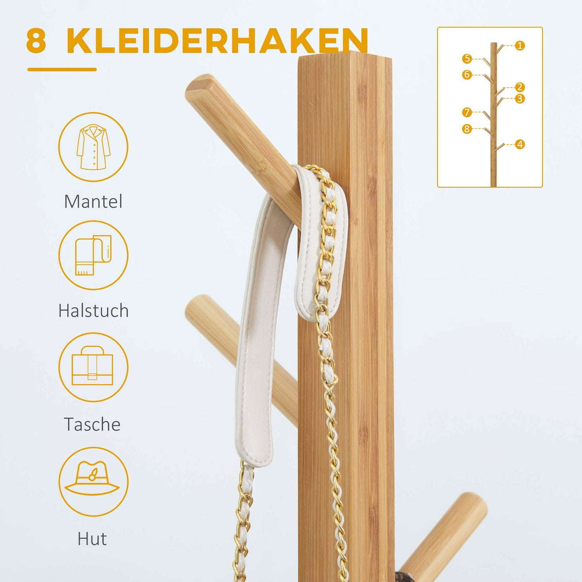Coat Rack Made Of Bamboo With 8 Hooks, Clothes Rack For Hallway, Bedroom, Natural, 49.5X49.5X178Cm
