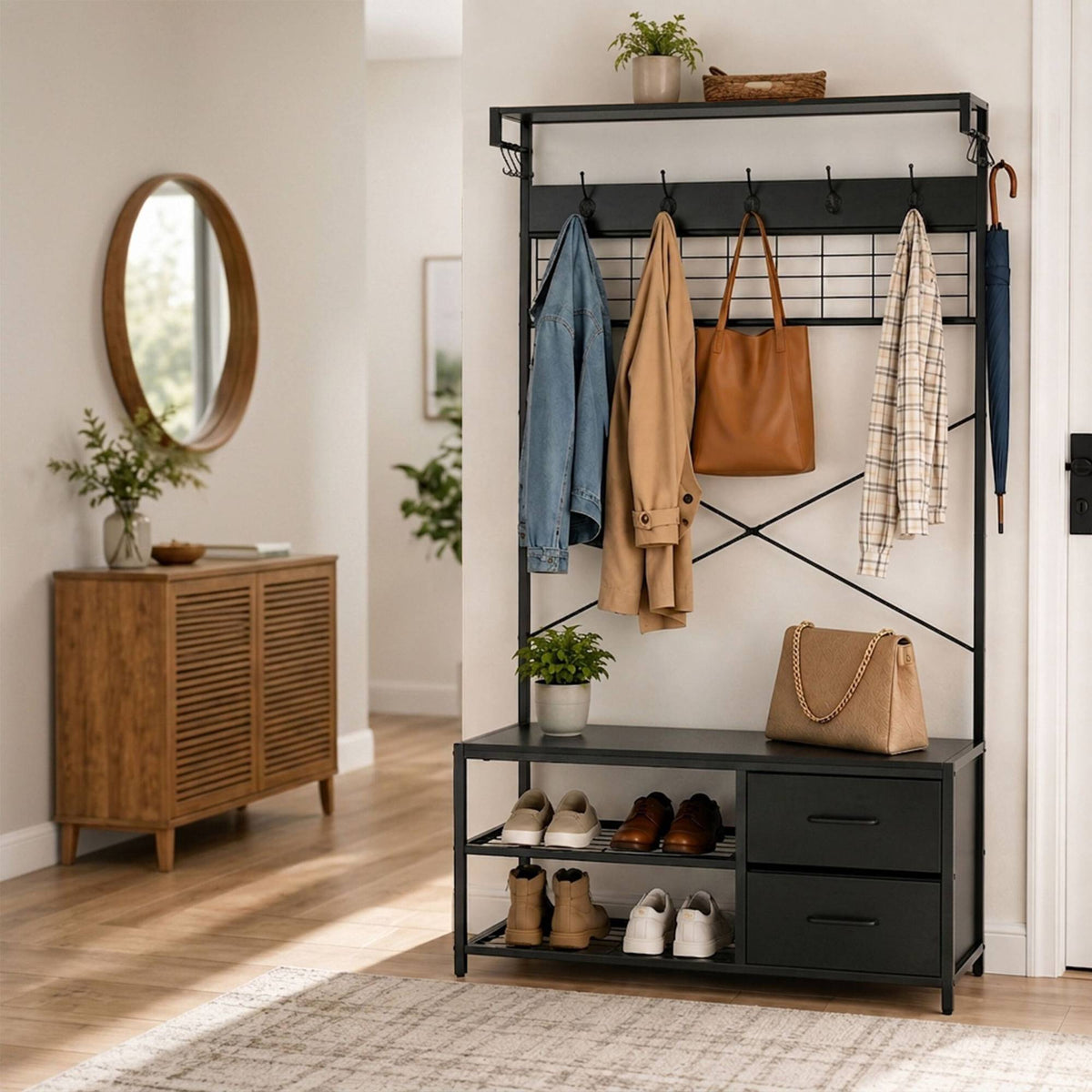 Coat Rack & Shoe Shelf with Drawers – Black, Metal Frame