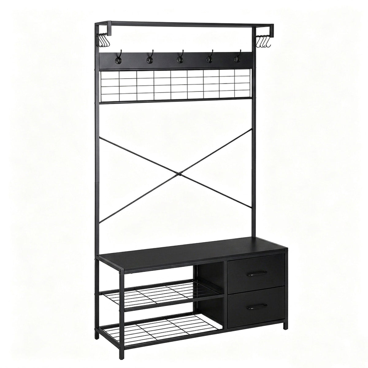 Coat Rack & Shoe Shelf with Drawers – Black, Metal Frame