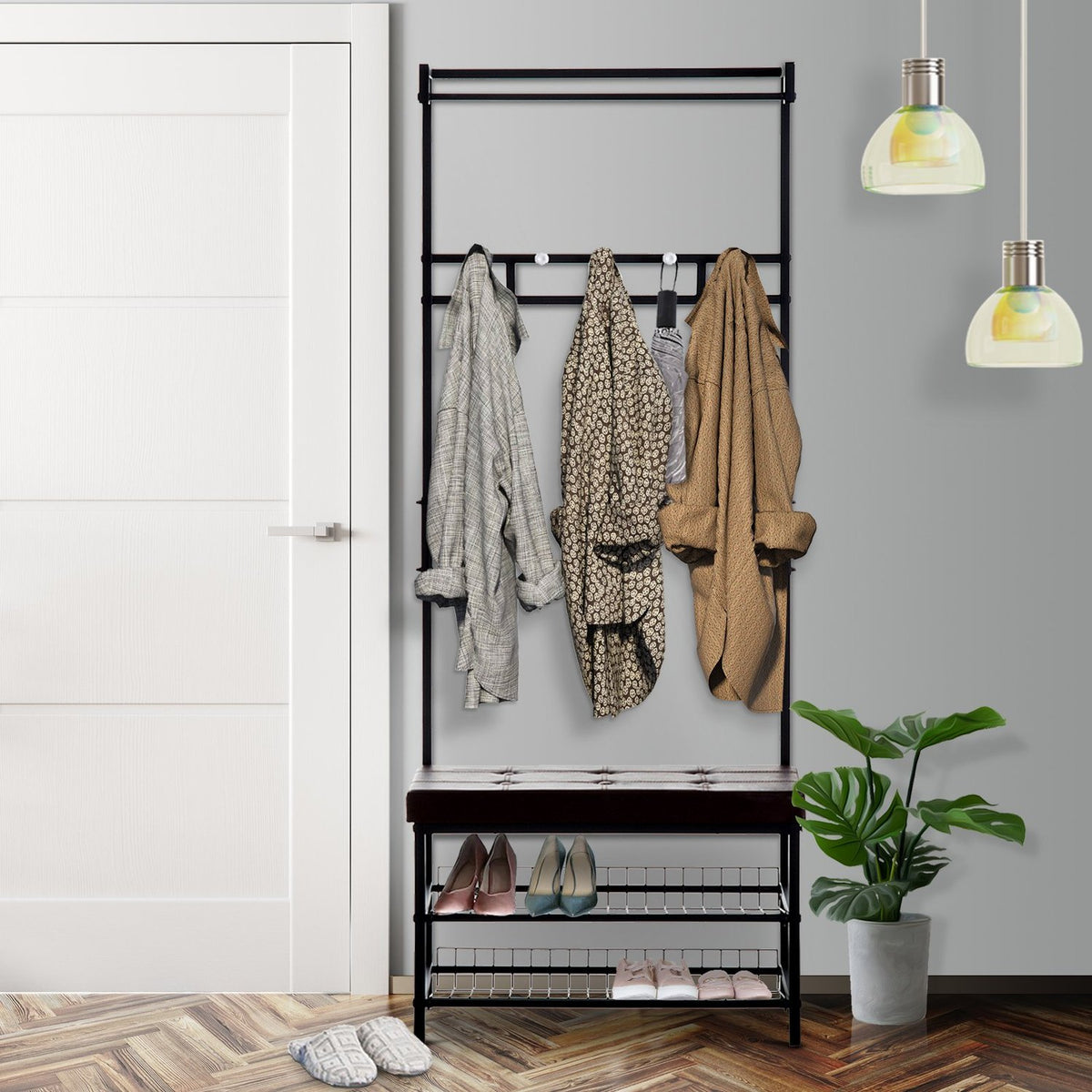 Coat Rack With Bench, Clothes Rack & Shoe Rack, Metal, 2 Shoe Racks, Seat, 72.5X35X180Cm