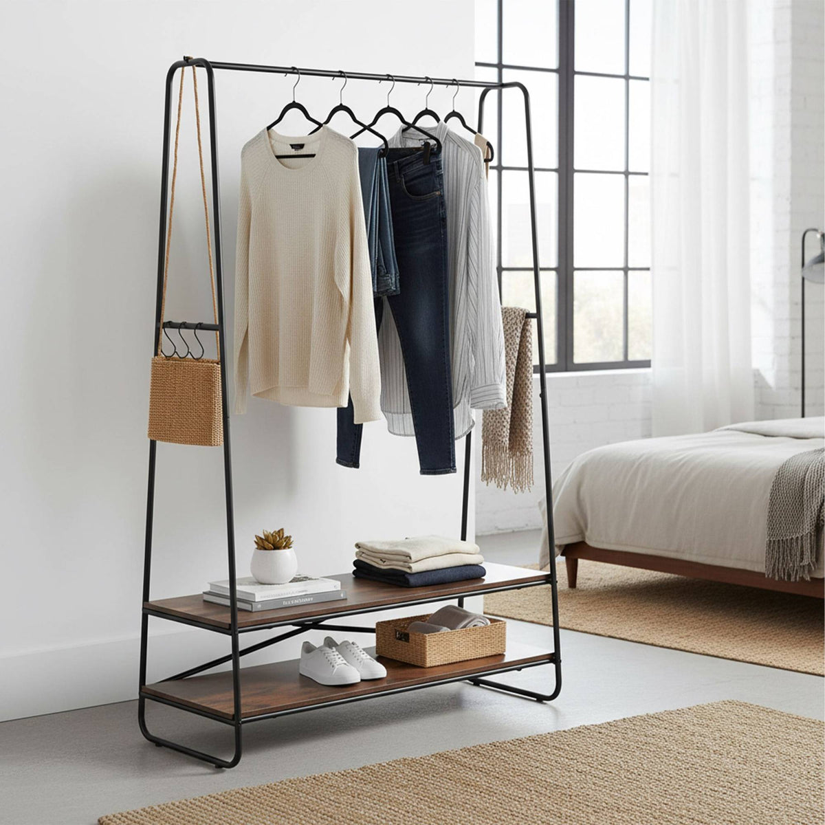 Coat Rack with 2 Shelves – Metal Frame, Wood-Effect