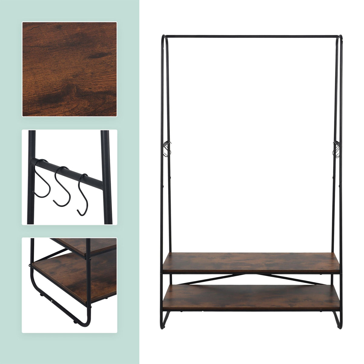 Coat Rack with 2 Shelves – Metal Frame, Wood-Effect