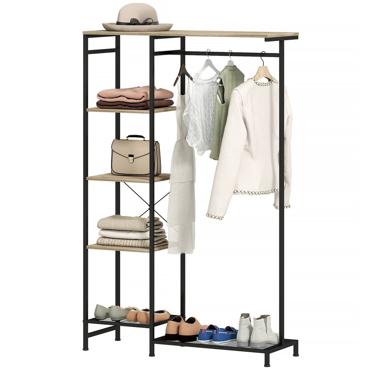 Coat Rack with Shoe Shelf and Safety Strap, Oak