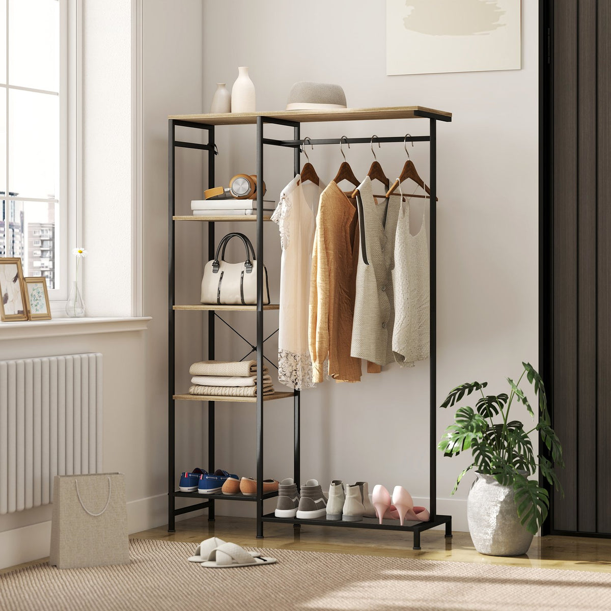 Coat Rack with Shoe Shelf and Safety Strap, Oak