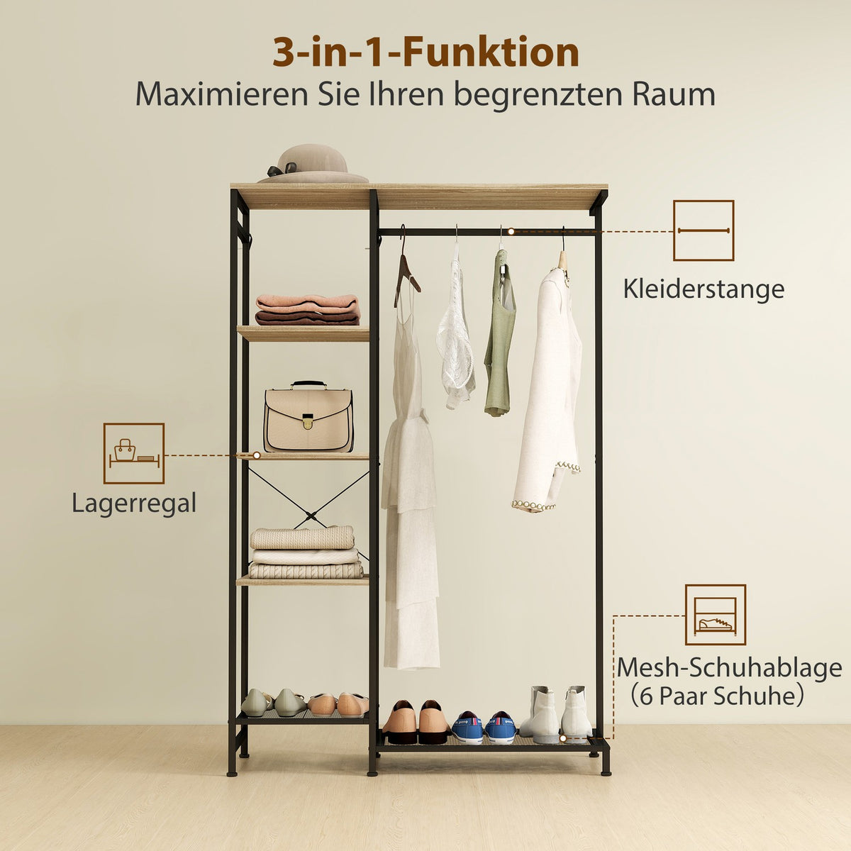 Coat Rack with Shoe Shelf and Safety Strap, Oak