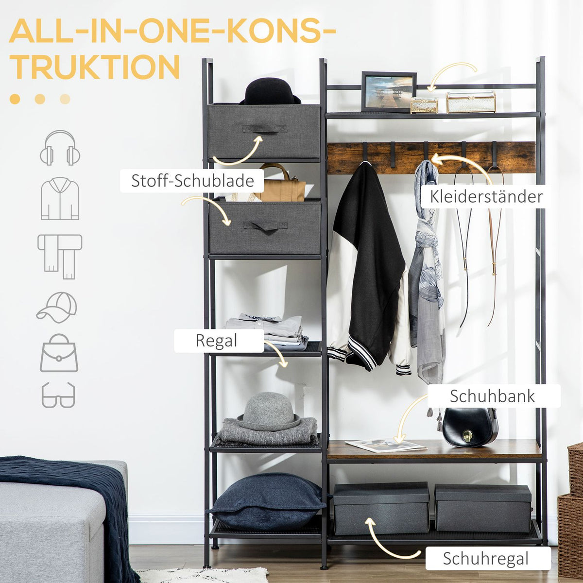 Coat Stand, Coat Stand With Bench, Clothes Stand With Fabric Drawers, 185.5 Cm High, Coat Rack, Rustic Brown + Gray