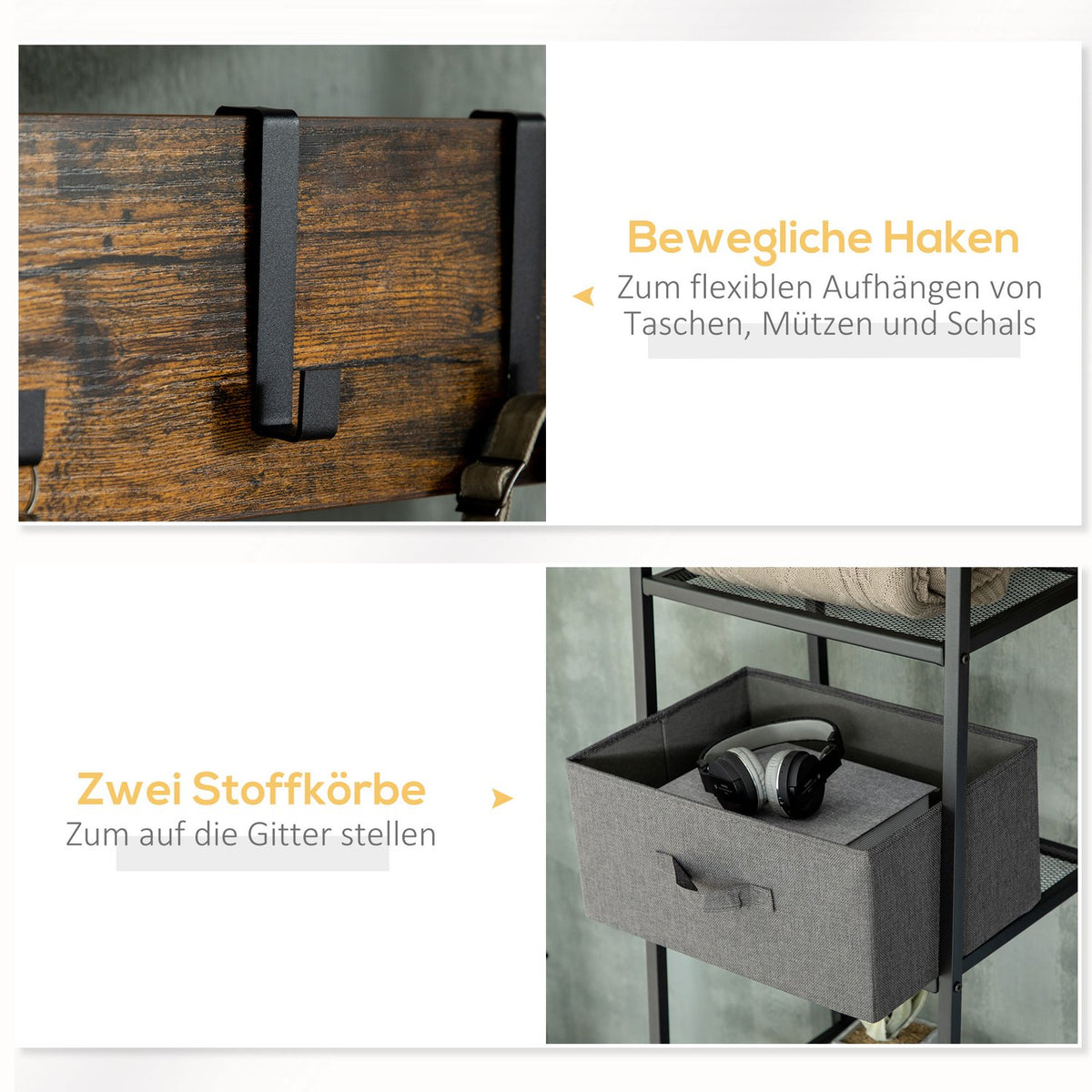 Coat Stand, Coat Stand With Bench, Clothes Stand With Fabric Drawers, 185.5 Cm High, Coat Rack, Rustic Brown + Gray