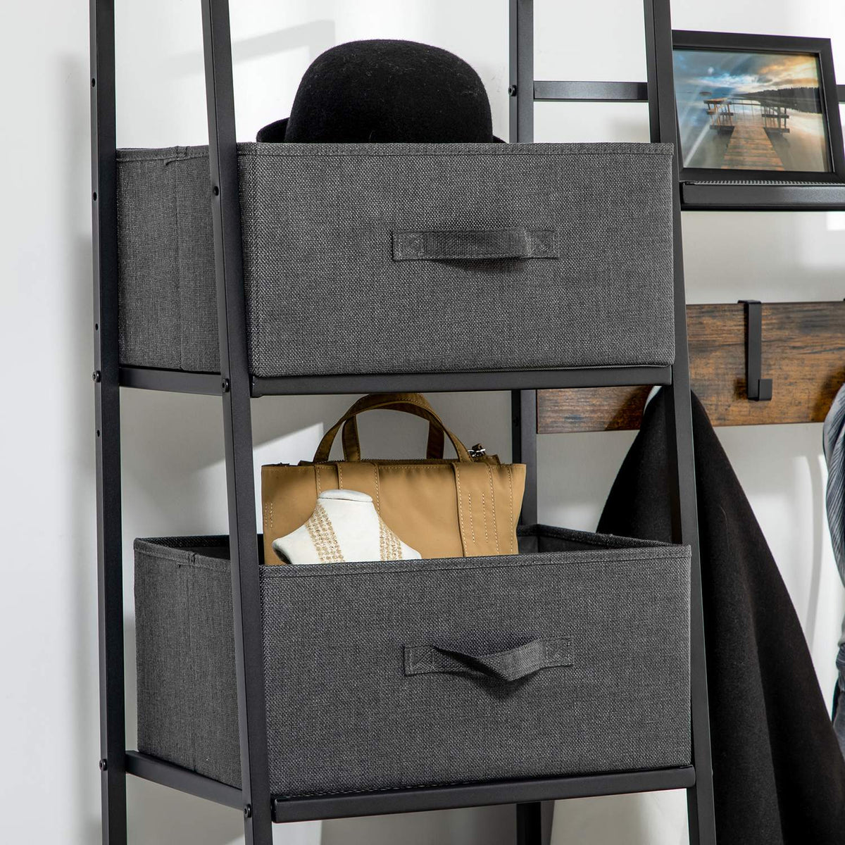 Coat Stand, Coat Stand With Bench, Clothes Stand With Fabric Drawers, 185.5 Cm High, Coat Rack, Rustic Brown + Gray