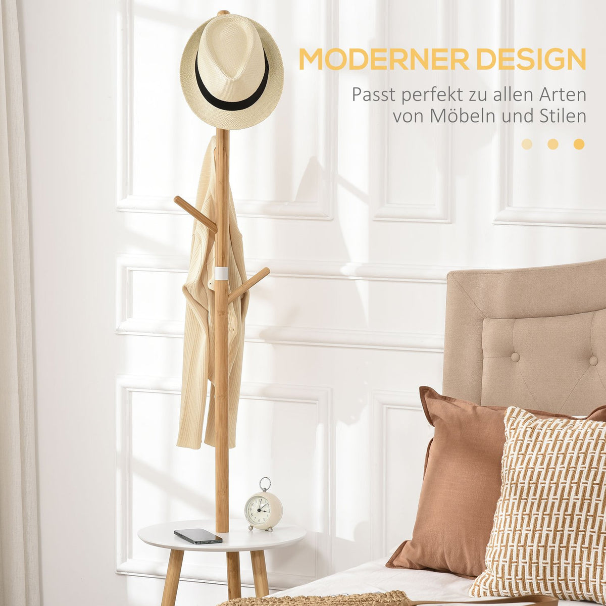 Coat Stand With 5 Coat Hooks & Side Table, 171 Cm High, Natural + White
