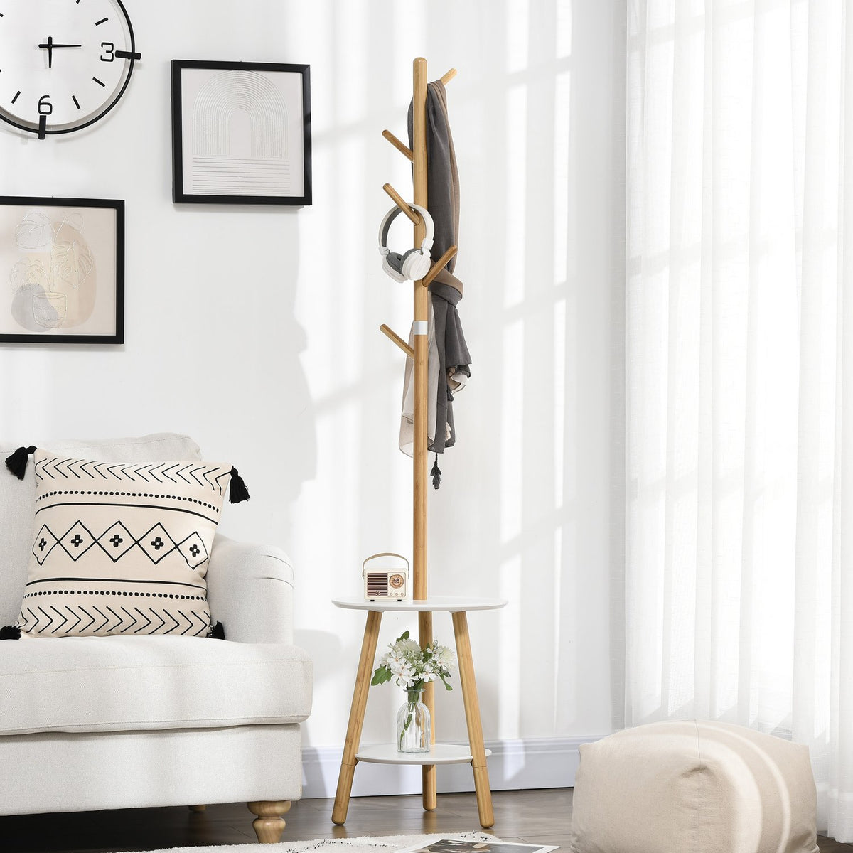 Coat Stand With 5 Coat Hooks & Side Table, 171 Cm High, Natural + White