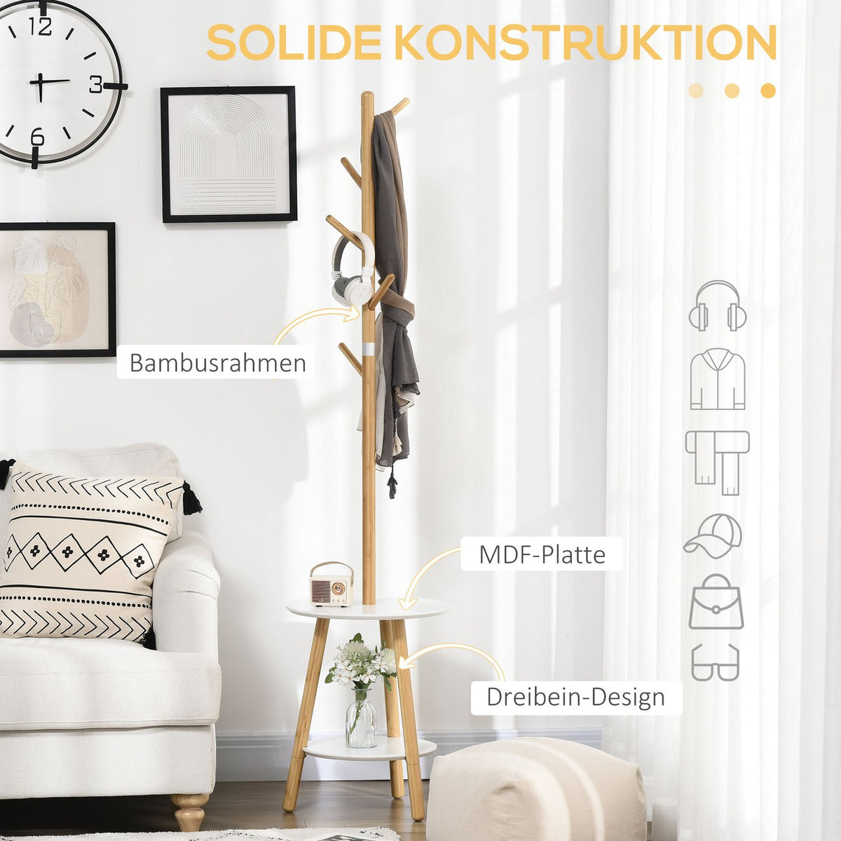 Coat Stand With 5 Coat Hooks & Side Table, 171 Cm High, Natural + White