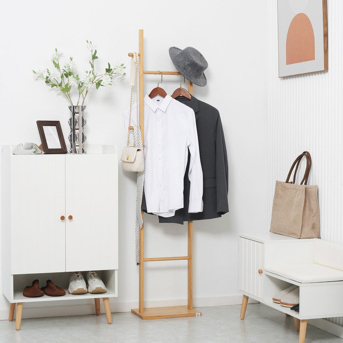 Coat rack clothes rack with 2 hooks and 3 rods for hats and clothes 36x24x168 cm made of natural bamboo for hallway and entrance