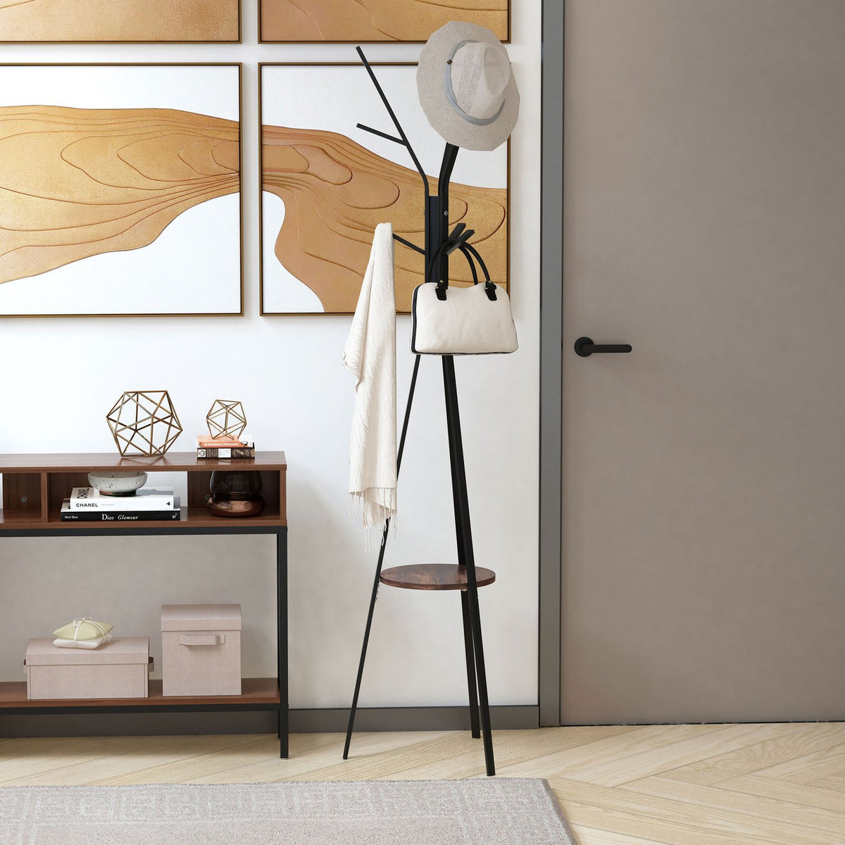 Coat rack with 8 hooks and shelf, standing coat rack for clothes, hats, bags, metal, brown, 45x45x180cm