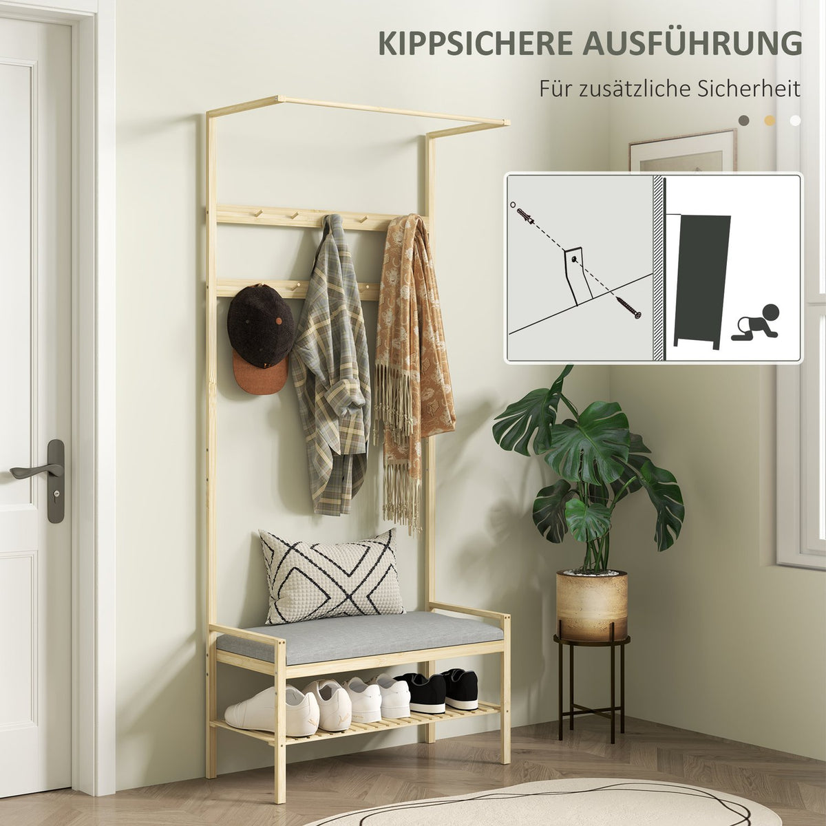 Coat rack with shoe bench, clothes rack with hooks, shoe rack, coat rack with seat cushion, jacket rack for entrance area, hallway, bamboo, natural