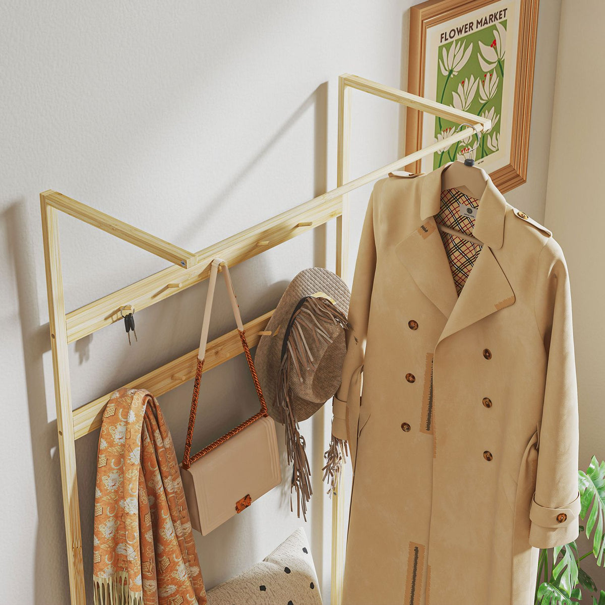 Coat rack with shoe bench, clothes rack with hooks, shoe rack, coat rack with seat cushion, jacket rack for entrance area, hallway, bamboo, natural