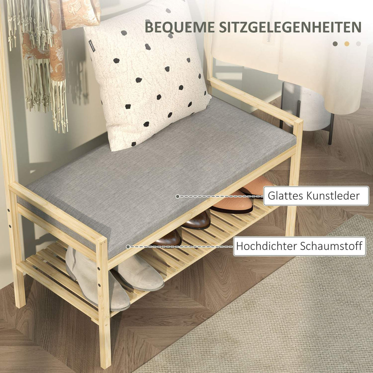 Coat rack with shoe bench, clothes rack with hooks, shoe rack, coat rack with seat cushion, jacket rack for entrance area, hallway, bamboo, natural