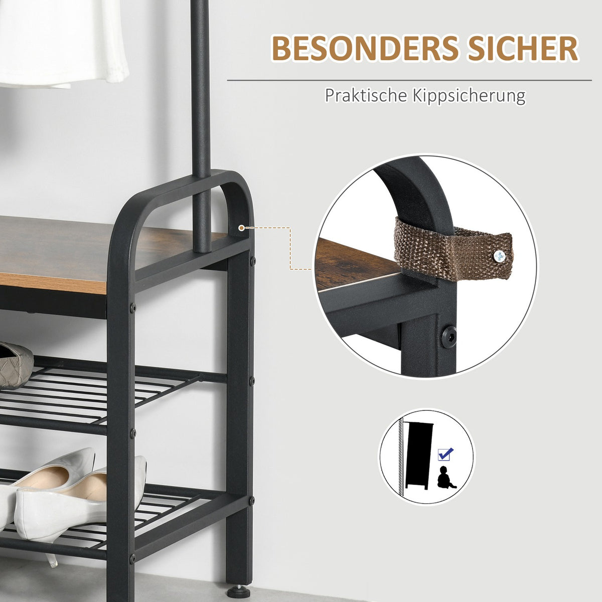Coat rack with shoe rack, clothes rack, 8 hooks, 2 shelves, MDF, black, 72 x 34 x 185 cm