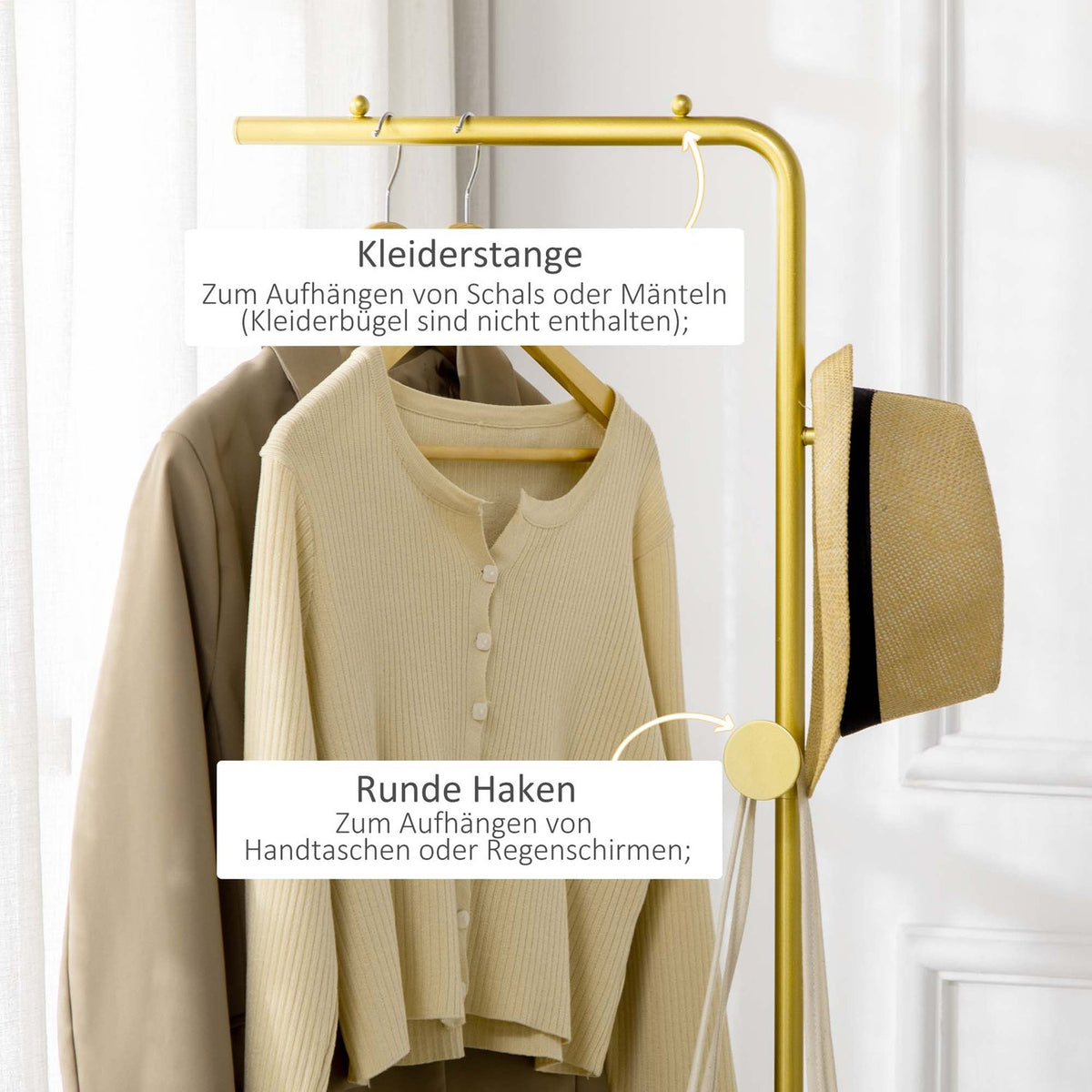 Coat stand, clothes stand with hooks, marble base coat rack for clothes, hats, for living room, entrance, 35 x 25 x 170 cm, gold + black