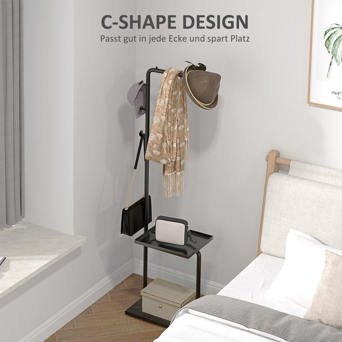 Coat stand, clothes stand with hooks, tray, coat rack for clothes, hats, for hallway, entrance, 45 x 28 x 148 cm, black