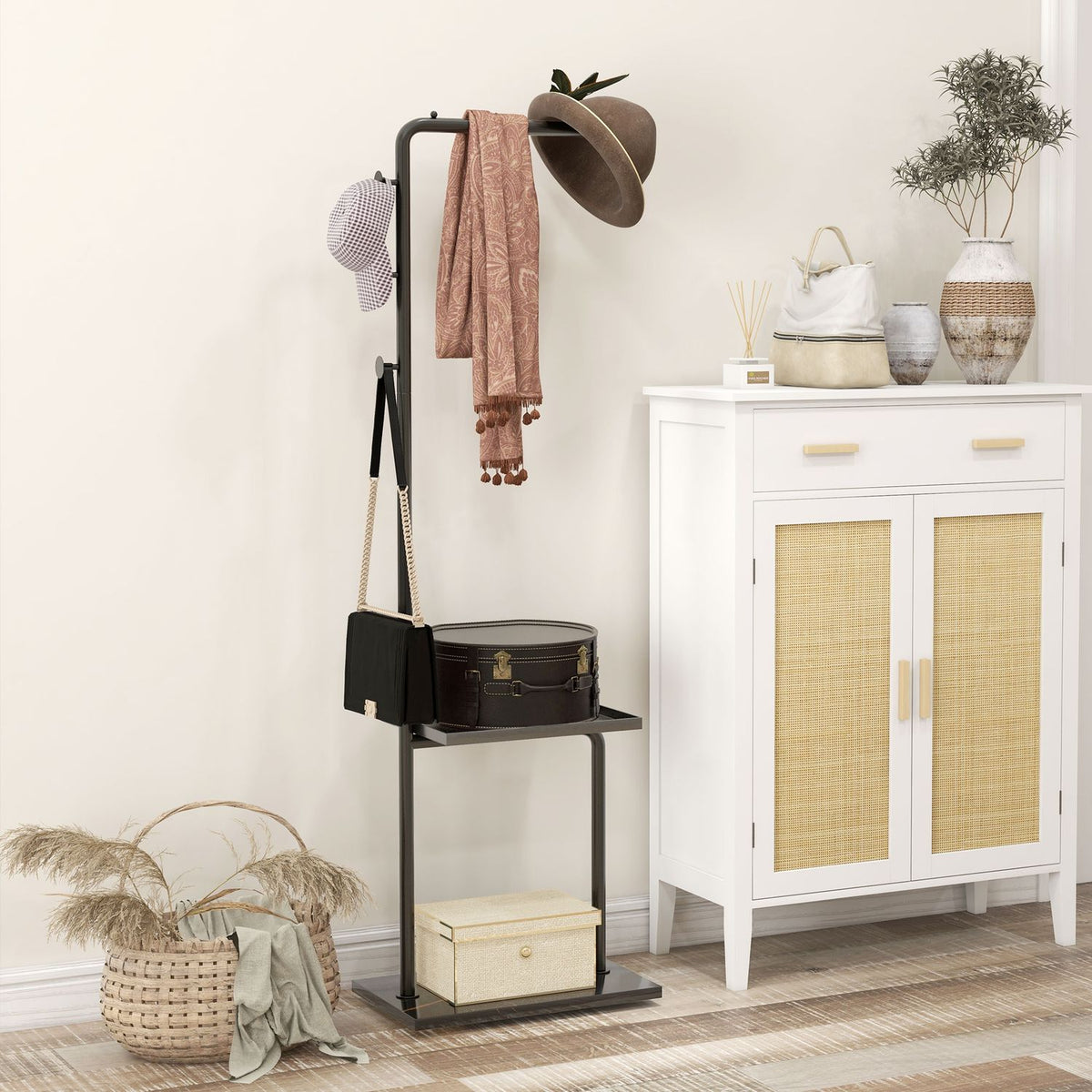 Coat stand, clothes stand with hooks, tray, coat rack for clothes, hats, for hallway, entrance, 45 x 28 x 148 cm, black