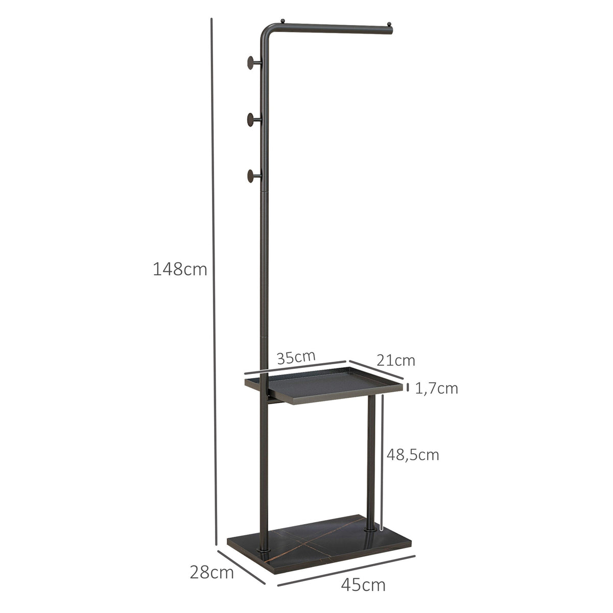 Coat stand, clothes stand with hooks, tray, coat rack for clothes, hats, for hallway, entrance, 45 x 28 x 148 cm, black