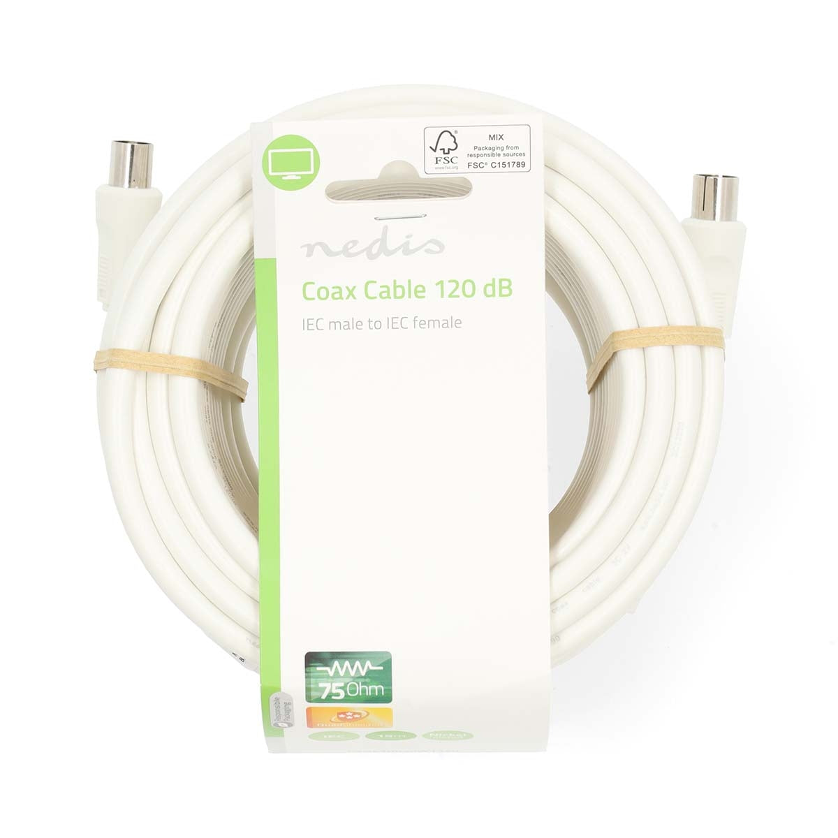 Coax Cable | IEC (Coax) Male | IEC (Coax) Female | Nickel Plated | 120 dB | 75 Ohm | Quad Shielded | 15.0 m | Round | PVC | White | Label
