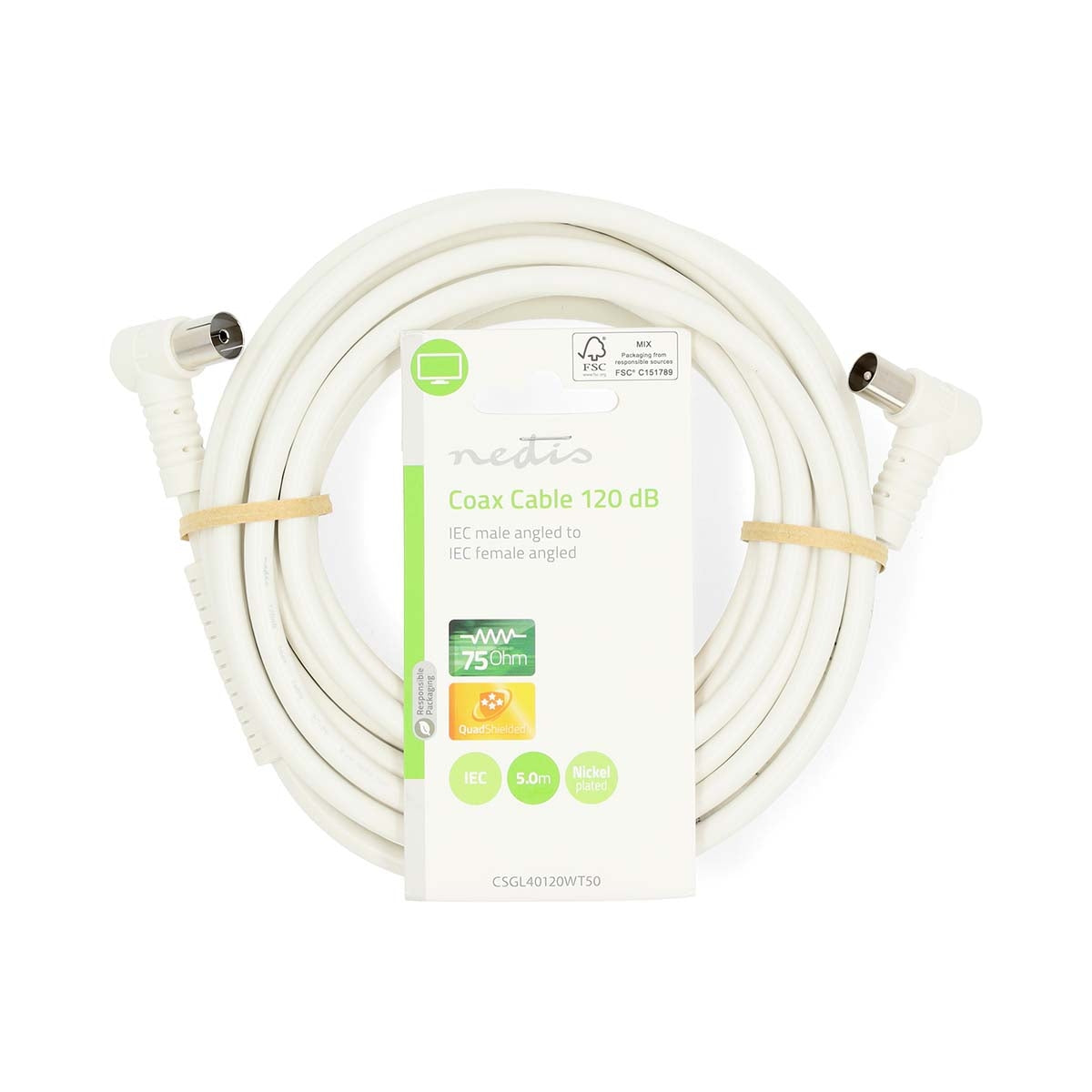Coax Cable | IEC (Coax) Male | IEC (Coax) Female | Nickel Plated | 120 dB | 75 Ohm | Quad Shielded | 5.00 m | Round | PVC | White | Label