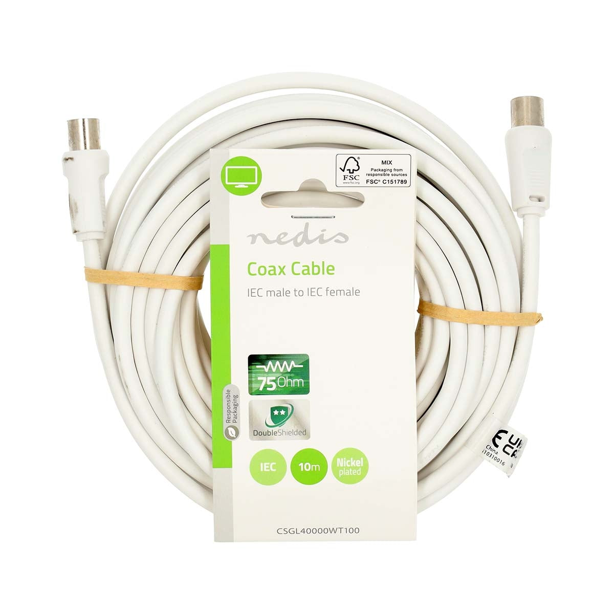 Coax Cable | IEC (Coax) Male | IEC (Coax) Female | Nickel Plated | 90 dB | 75 Ohm | Double Shielded | 10.0 m | Round | PVC | White | Label