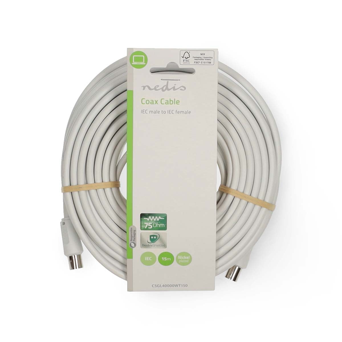 Coax Cable | IEC (Coax) Male | IEC (Coax) Female | Nickel Plated | 90 dB | 75 Ohm | Double Shielded | 15.0 m | Round | PVC | White | Label