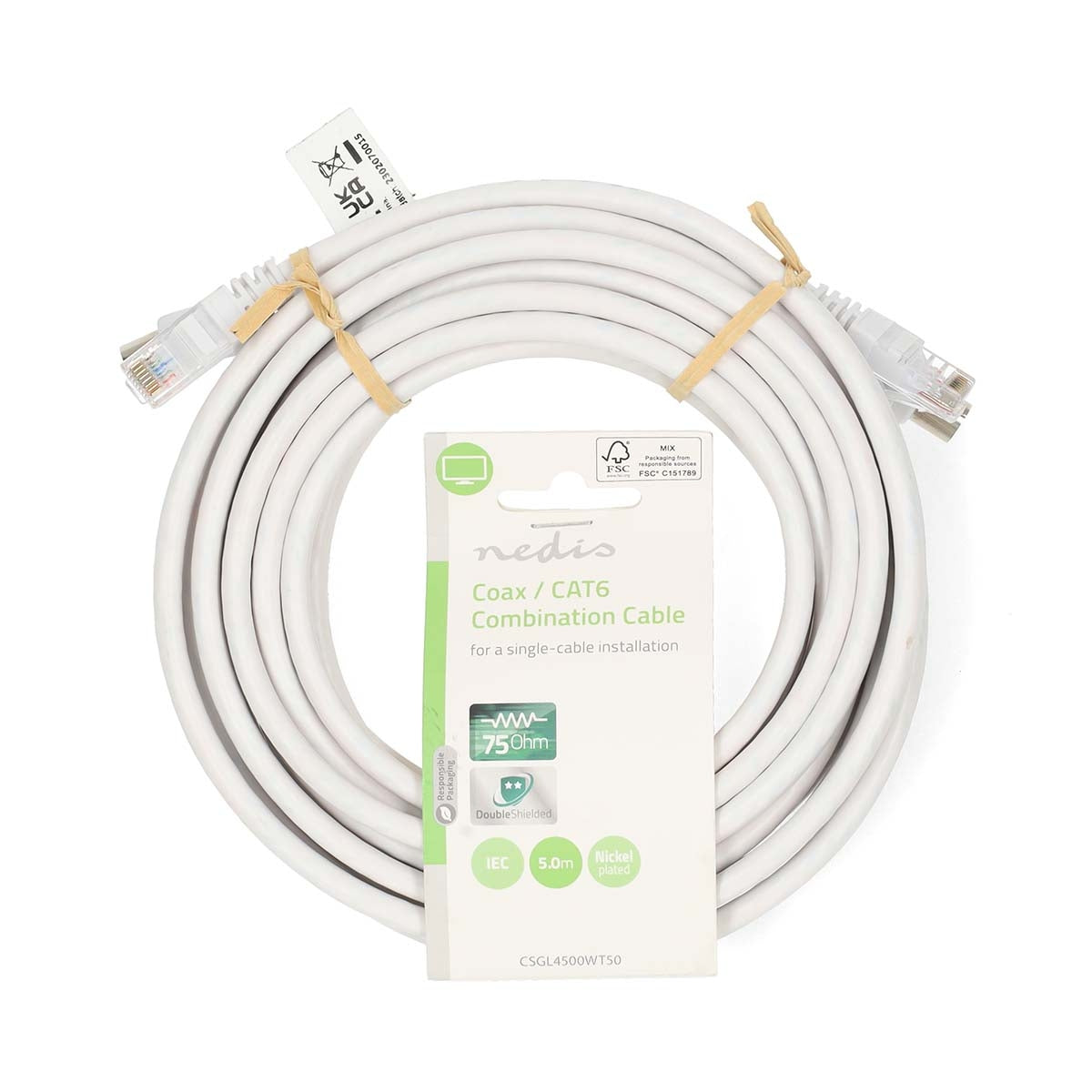 Coax & Cat6 Combi Cable | IEC (Coax) Male / RJ45 male | IEC (Coax) Female / RJ45 Male | Nickel Plated | RG58 | 75 Ohm | Double Shielded | 5.00 m | Round | PVC | White | Label
