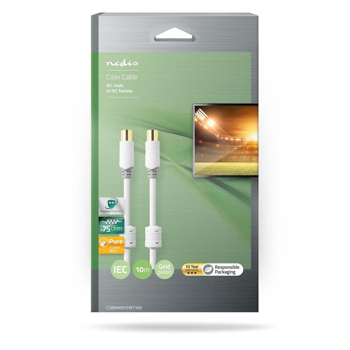 Coaxial cable | IEC (Coax) Male | IEC (Coax) Female | Gold Plated | 100dB | 75 Ohm | Double Shielded | 10.0 m | Round | PVC | White | Box