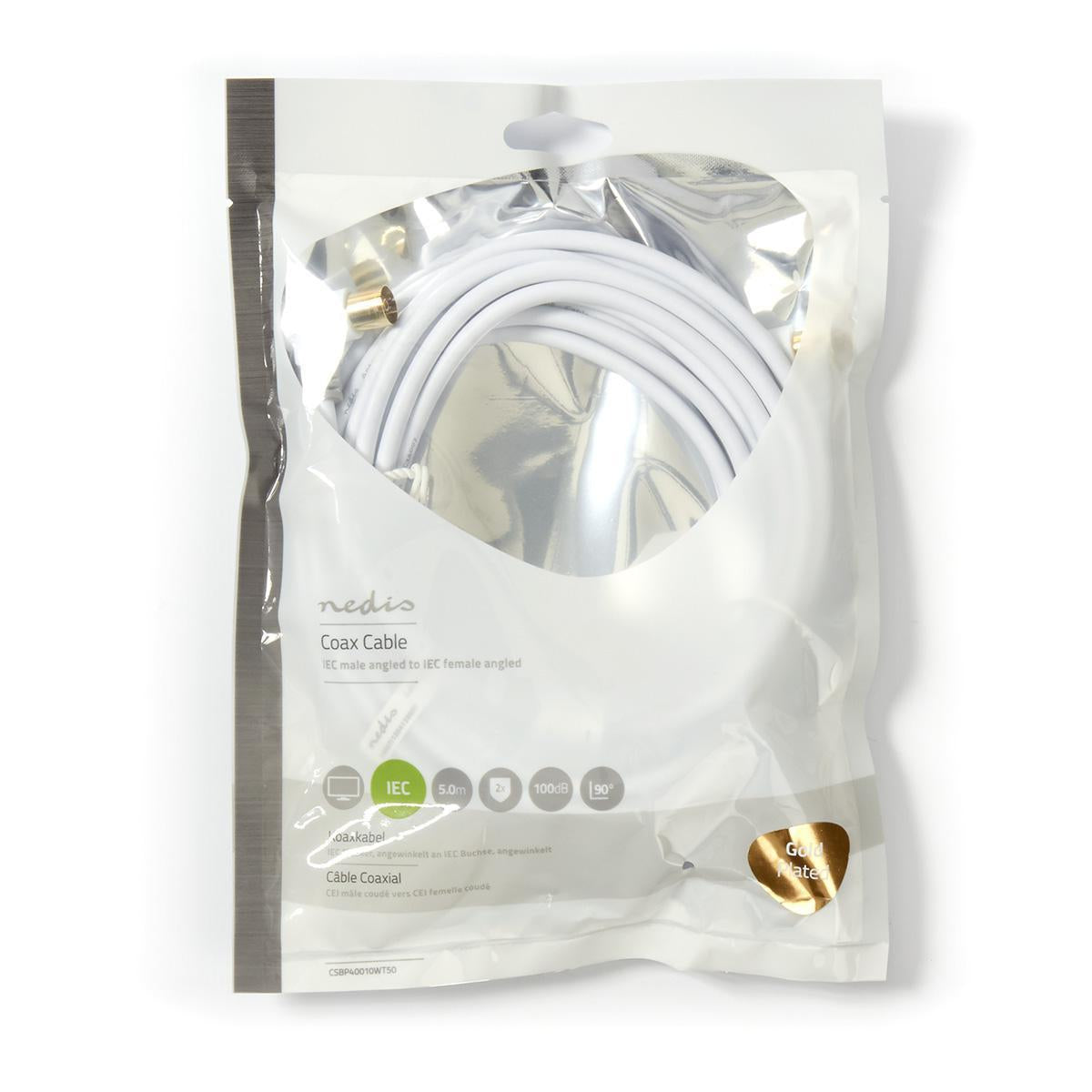 Coaxial cable | IEC (Coax) Male | IEC (Coax) Female | Gold Plated | 75 Ohm | Double Shielded | 5.00 m | Round | PVC | White | Plastic bag