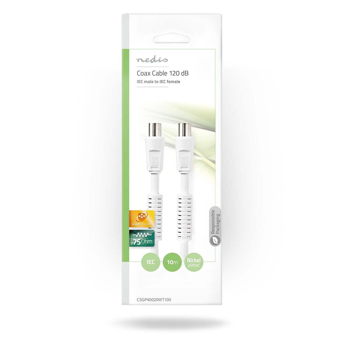 Coaxial cable | IEC (Coax) Male | IEC (Coax) Female | Nickel Plated | 120 dB| 75 Ohm | Four Protections | 10.0 m | Round | PVC | White | Envelope