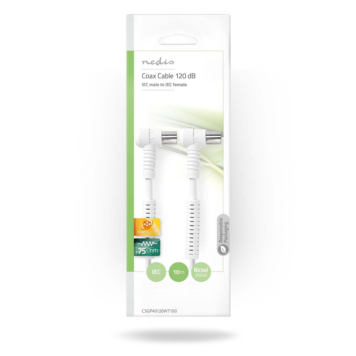 Coaxial cable | IEC (Coax) Male | IEC (Coax) Female | Nickel Plated | 120 dB| 75 Ohm | Four Protections | 10.0 m | Round | PVC | White | Envelope