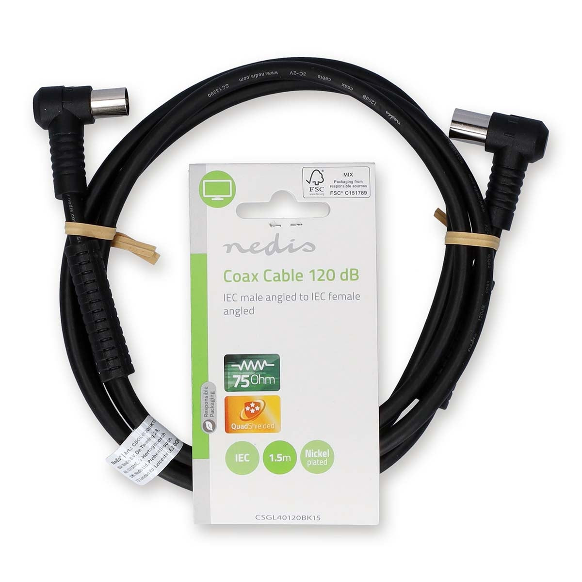 Coaxial cable | IEC (Coax) Male | IEC (Coax) Female | Nickel Plated | 120 dB| 75 Ohm | Four Protections | 1.50 m | Round | PVC | Black | Label