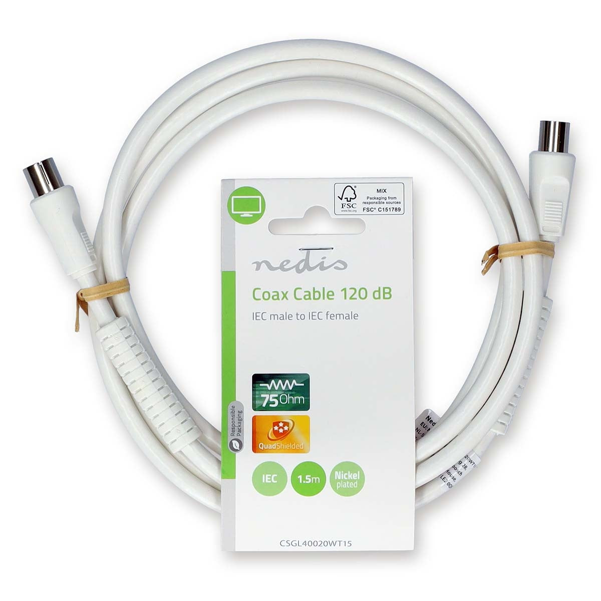 Coaxial cable | IEC (Coax) Male | IEC (Coax) Female | Nickel Plated | 120 dB| 75 Ohm | Four Protections | 1.50 m | Round | PVC | White | Label