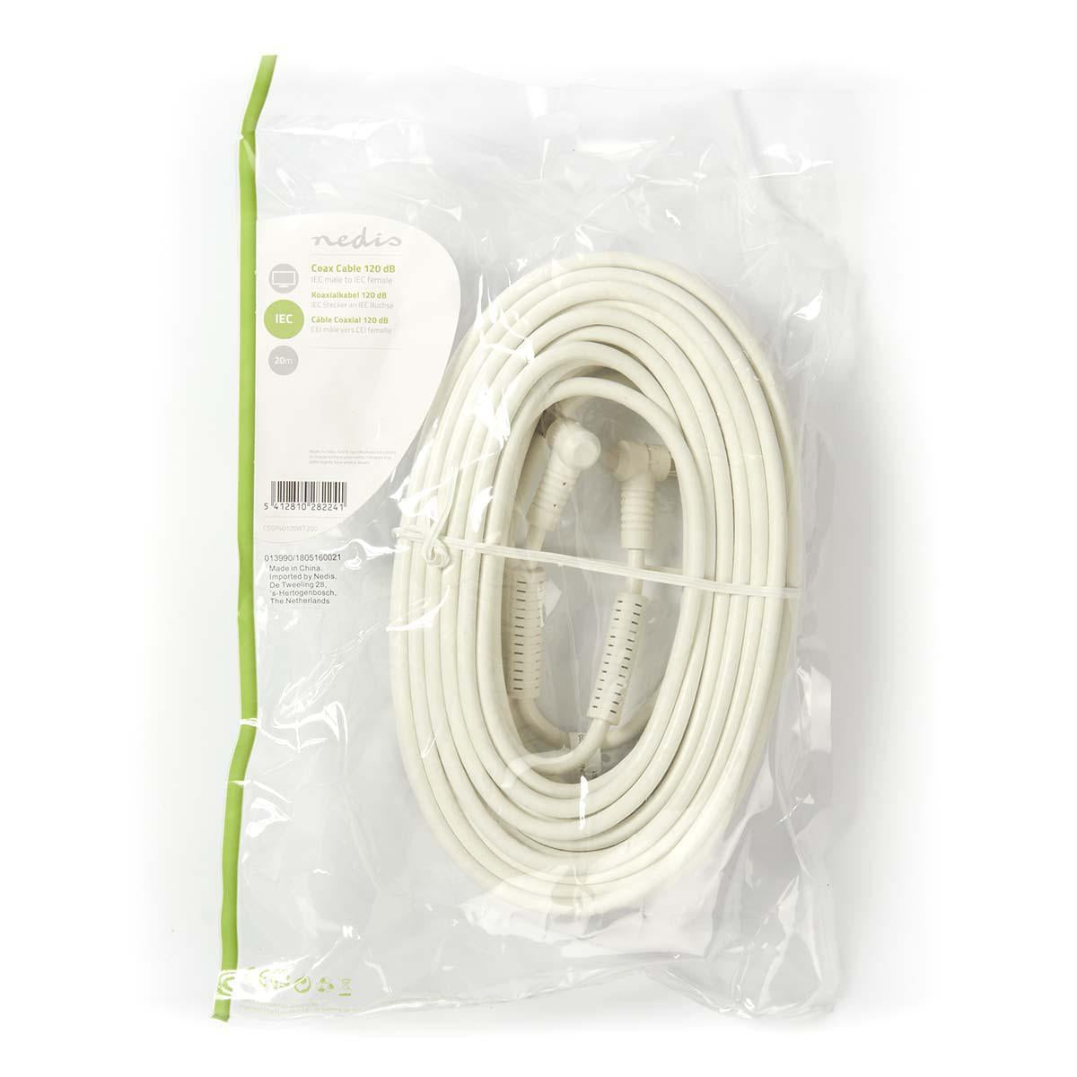 Coaxial cable | IEC (Coax) Male | IEC (Coax) Female | Nickel Plated | 120 dB| 75 Ohm | Four Protections | 20.0 m | Round | PVC | White | Plastic bag
